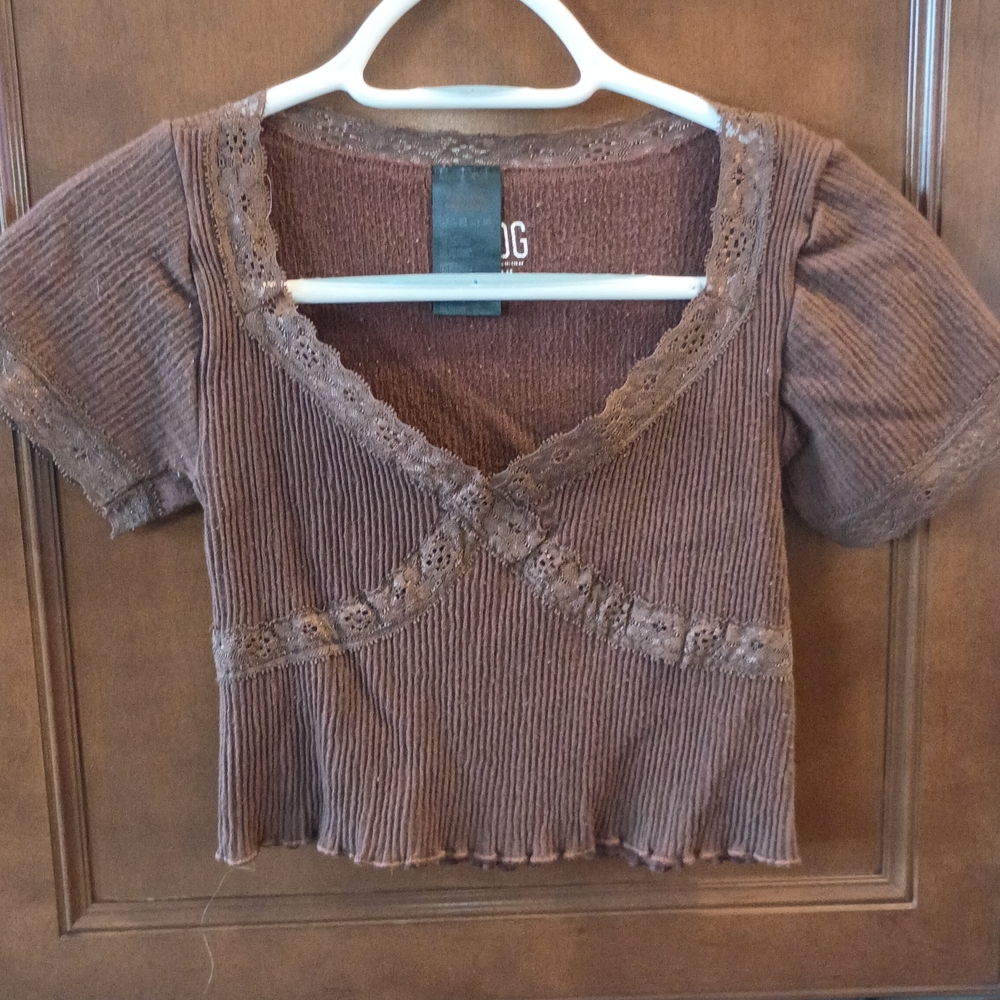BDG Brown Ribbed Crop Top with Lace Trim